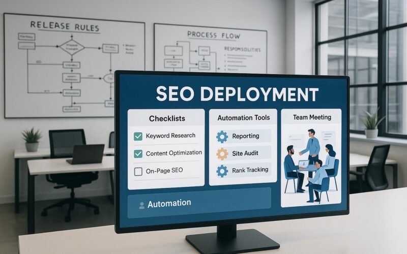 Modernes Büro mit großem Bildschirm, Whiteboards mit Skizzen, Team bei Collaboration, digitales Arbeitsumfeld