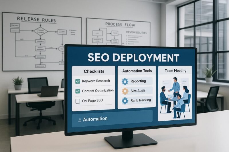 Modernes Büro mit großem Bildschirm, Whiteboards mit Skizzen, Team bei Collaboration, digitales Arbeitsumfeld