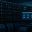 Moderner Serverraum mit horizontalen Racks, blinkenden LEDs, Netzwerkkabeln und Monitor, der Sicherheits- und Automatisierungstools anzeigt