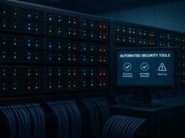 Moderner Serverraum mit horizontalen Racks, blinkenden LEDs, Netzwerkkabeln und Monitor, der Sicherheits- und Automatisierungstools anzeigt