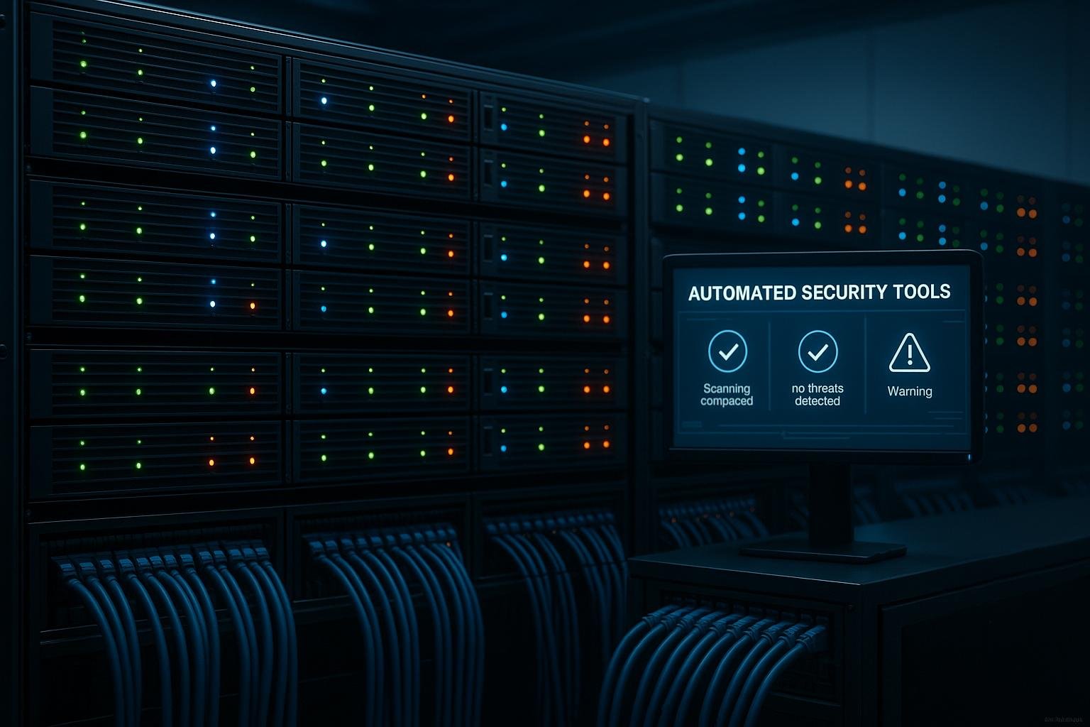 Moderner Serverraum mit horizontalen Racks, blinkenden LEDs, Netzwerkkabeln und Monitor, der Sicherheits- und Automatisierungstools anzeigt