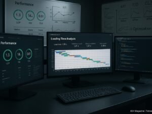 Arbeitsplatz in einem Webentwicklungslabor mit Monitoren, die Ladezeiten-Analysen und Performance-Dashboards zeigen, im Hintergrund Whiteboards mit KPIs wie LCP, FID und CLS, wissenschaftliches Ambiente.