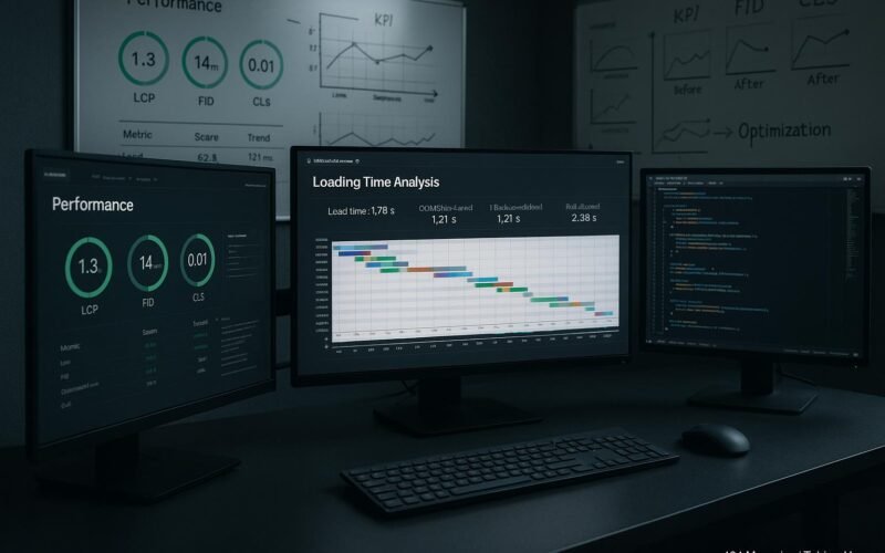 Arbeitsplatz in einem Webentwicklungslabor mit Monitoren, die Ladezeiten-Analysen und Performance-Dashboards zeigen, im Hintergrund Whiteboards mit KPIs wie LCP, FID und CLS, wissenschaftliches Ambiente.