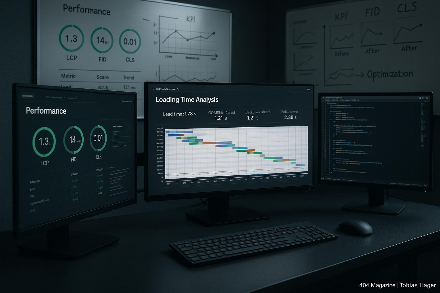 Arbeitsplatz in einem Webentwicklungslabor mit Monitoren, die Ladezeiten-Analysen und Performance-Dashboards zeigen, im Hintergrund Whiteboards mit KPIs wie LCP, FID und CLS, wissenschaftliches Ambiente.