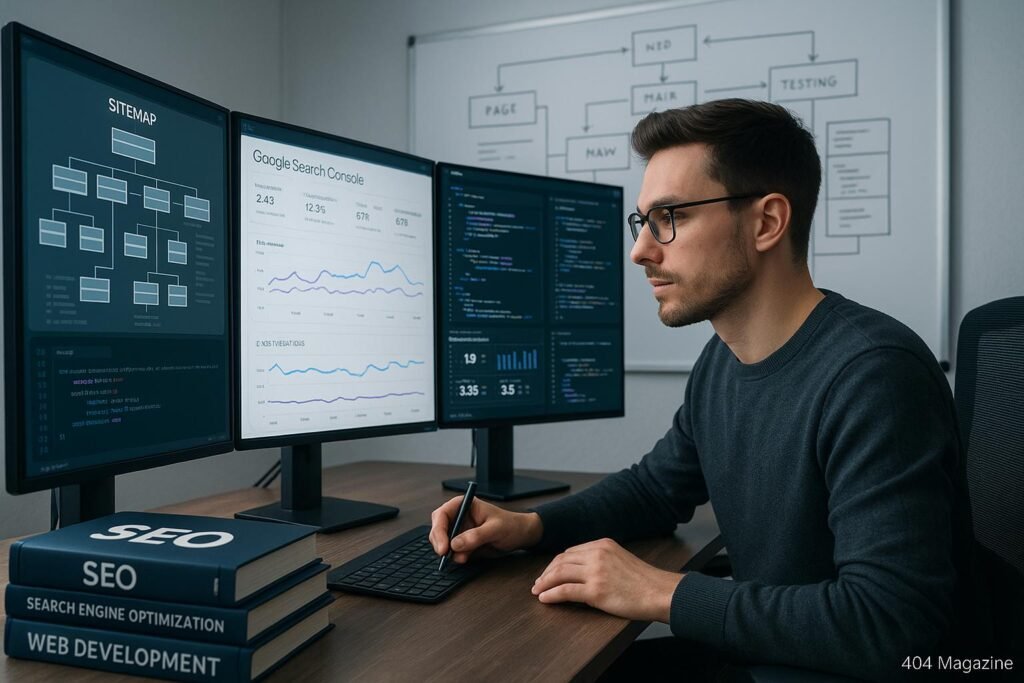 Ein SEO-Experte in einem schicken modernen Büro mit mehreren Monitoren, die Website-Analytics, Sitemap, Google Search Console und Leistungskennzahlen anzeigen.