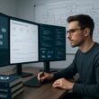 Ein SEO-Experte in einem schicken modernen Büro mit mehreren Monitoren, die Website-Analytics, Sitemap, Google Search Console und Leistungskennzahlen anzeigen.