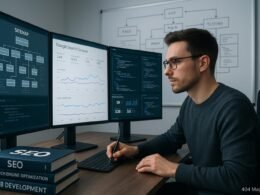 Ein SEO-Experte in einem schicken modernen Büro mit mehreren Monitoren, die Website-Analytics, Sitemap, Google Search Console und Leistungskennzahlen anzeigen.