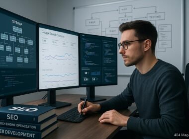 Ein SEO-Experte in einem schicken modernen Büro mit mehreren Monitoren, die Website-Analytics, Sitemap, Google Search Console und Leistungskennzahlen anzeigen.