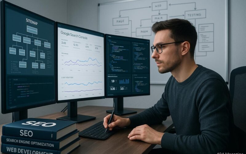 Ein SEO-Experte in einem schicken modernen Büro mit mehreren Monitoren, die Website-Analytics, Sitemap, Google Search Console und Leistungskennzahlen anzeigen.