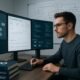 Ein SEO-Experte in einem schicken modernen Büro mit mehreren Monitoren, die Website-Analytics, Sitemap, Google Search Console und Leistungskennzahlen anzeigen.