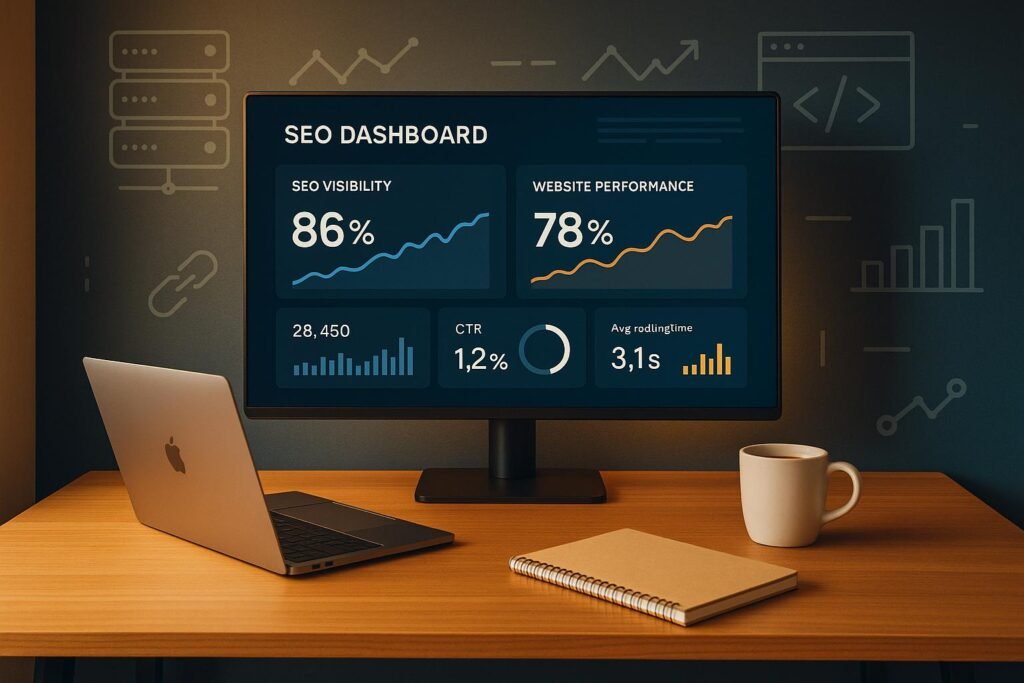 Moderner, minimalistischer Arbeitsraum mit großem Bildschirm, Dashboard mit Diagrammen und KPI-Werten zu SEO-Visibility und Website-Performance, im Hintergrund technische Infrastruktur-Elemente wie Server und Webseiten-Icons, Credit: 404 Magazine (Tobias Hager)