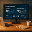 Moderner, minimalistischer Arbeitsraum mit großem Bildschirm, Dashboard mit Diagrammen und KPI-Werten zu SEO-Visibility und Website-Performance, im Hintergrund technische Infrastruktur-Elemente wie Server und Webseiten-Icons, Credit: 404 Magazine (Tobias Hager)