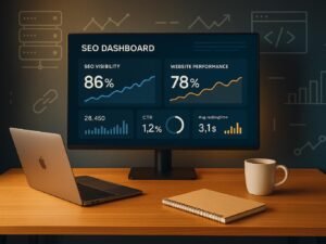 Moderner, minimalistischer Arbeitsraum mit großem Bildschirm, Dashboard mit Diagrammen und KPI-Werten zu SEO-Visibility und Website-Performance, im Hintergrund technische Infrastruktur-Elemente wie Server und Webseiten-Icons, Credit: 404 Magazine (Tobias Hager)