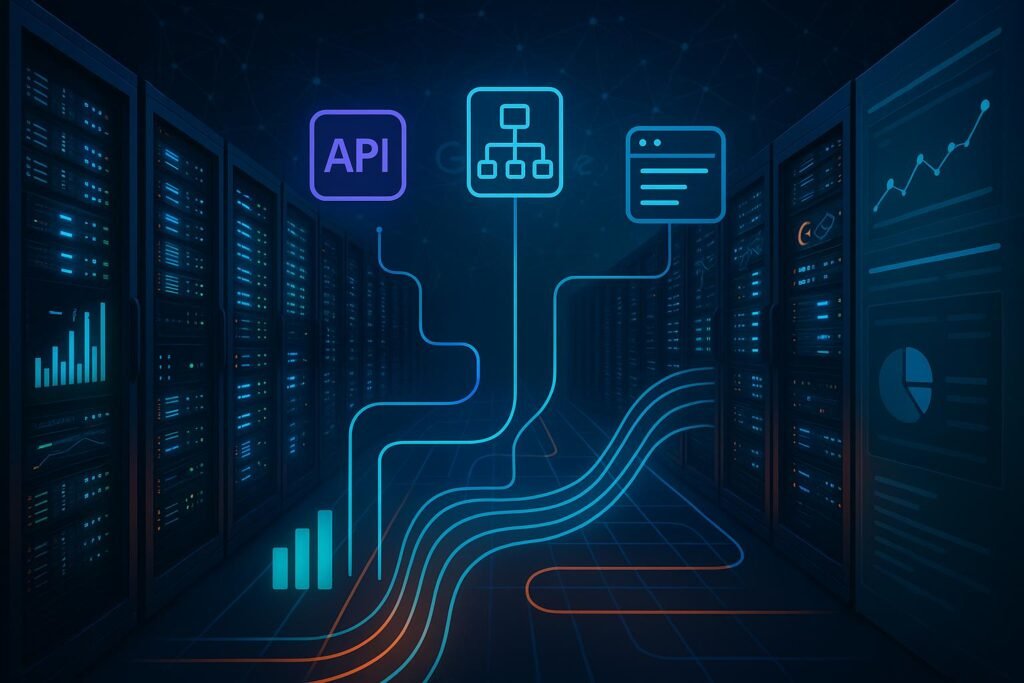 Moderne Server-Farm mit Datenströmen, APIs, Sitemap-Zeichnungen und Monitoring-Tools in einem digital inspirierten Rechenzentrum.