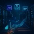 Moderne Server-Farm mit Datenströmen, APIs, Sitemap-Zeichnungen und Monitoring-Tools in einem digital inspirierten Rechenzentrum.