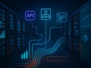 Moderne Server-Farm mit Datenströmen, APIs, Sitemap-Zeichnungen und Monitoring-Tools in einem digital inspirierten Rechenzentrum.