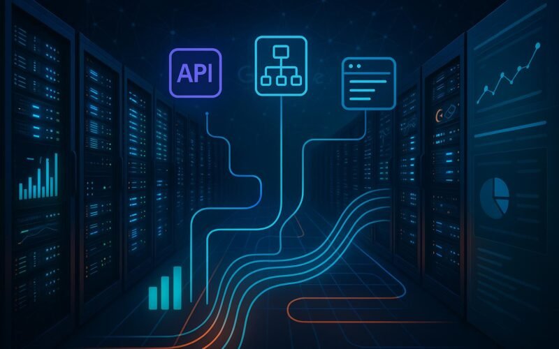 Moderne Server-Farm mit Datenströmen, APIs, Sitemap-Zeichnungen und Monitoring-Tools in einem digital inspirierten Rechenzentrum.