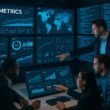 Ein modernes Kontrollzentrum mit großen Bildschirmen, die SEO-Daten und Analysen zeigen, während ein diverses Team an strategischer Zusammenarbeit arbeitet.