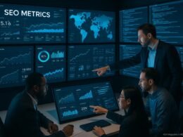 Ein modernes Kontrollzentrum mit großen Bildschirmen, die SEO-Daten und Analysen zeigen, während ein diverses Team an strategischer Zusammenarbeit arbeitet.