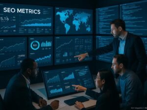 Ein modernes Kontrollzentrum mit großen Bildschirmen, die SEO-Daten und Analysen zeigen, während ein diverses Team an strategischer Zusammenarbeit arbeitet.