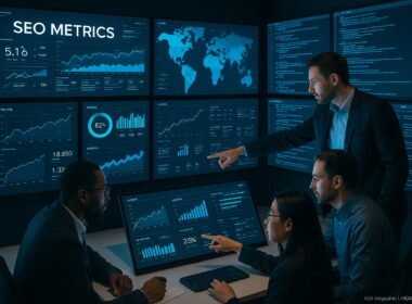 Ein modernes Kontrollzentrum mit großen Bildschirmen, die SEO-Daten und Analysen zeigen, während ein diverses Team an strategischer Zusammenarbeit arbeitet.