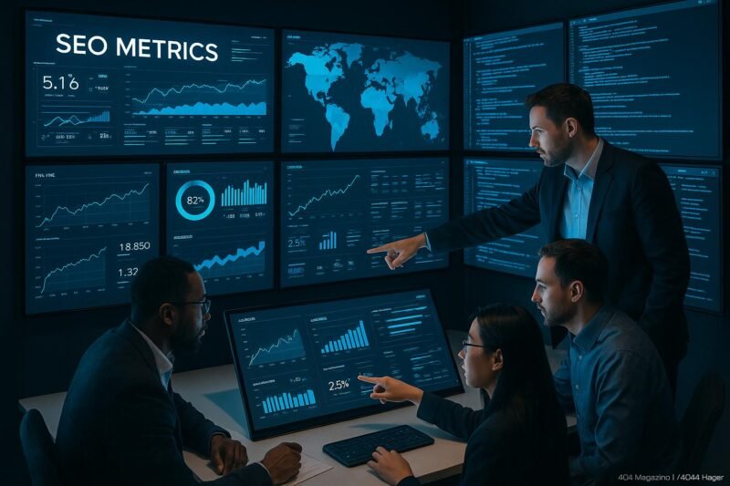 Ein modernes Kontrollzentrum mit großen Bildschirmen, die SEO-Daten und Analysen zeigen, während ein diverses Team an strategischer Zusammenarbeit arbeitet.