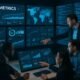 Ein modernes Kontrollzentrum mit großen Bildschirmen, die SEO-Daten und Analysen zeigen, während ein diverses Team an strategischer Zusammenarbeit arbeitet.
