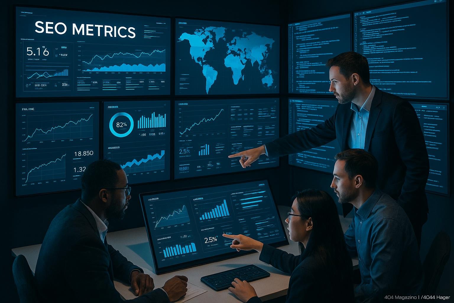 Ein modernes Kontrollzentrum mit großen Bildschirmen, die SEO-Daten und Analysen zeigen, während ein diverses Team an strategischer Zusammenarbeit arbeitet.