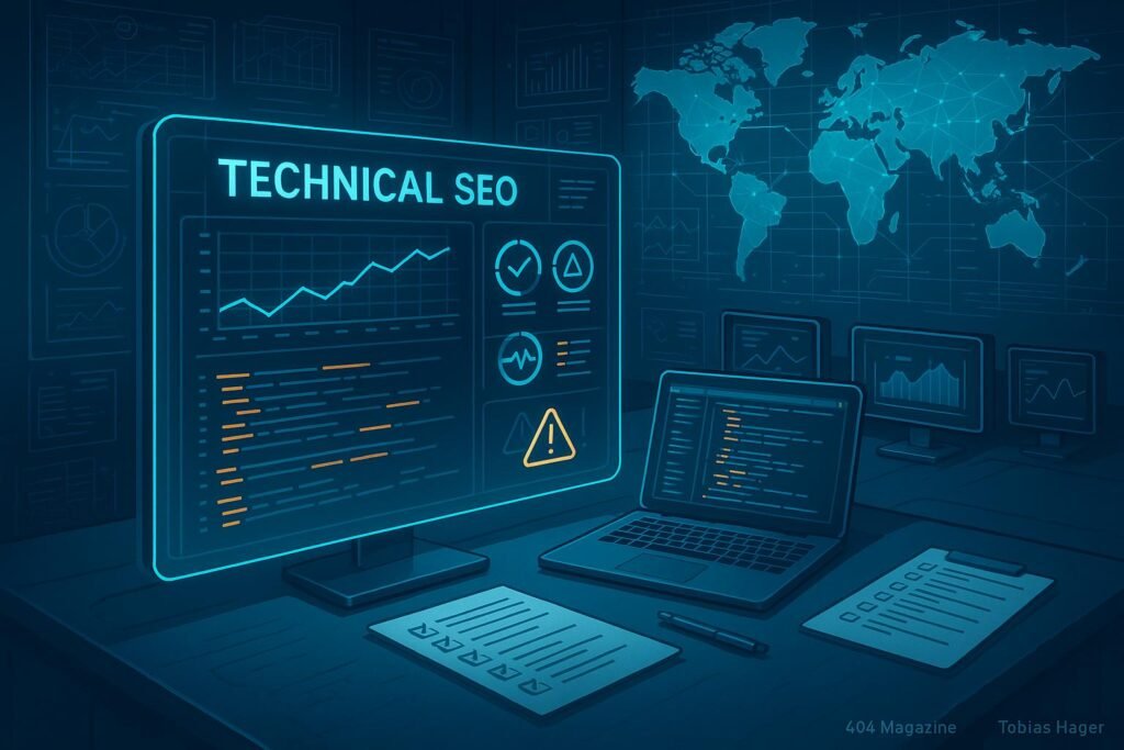 Moderne Arbeitsumgebung mit transparentem Bildschirm, Monitoren, Notizblättern und Weltkarte, die technische SEO-Daten und globale Überwachung darstellen