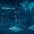 Moderne Arbeitsumgebung mit transparentem Bildschirm, Monitoren, Notizblättern und Weltkarte, die technische SEO-Daten und globale Überwachung darstellen