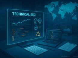 Moderne Arbeitsumgebung mit transparentem Bildschirm, Monitoren, Notizblättern und Weltkarte, die technische SEO-Daten und globale Überwachung darstellen