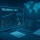 Moderne Arbeitsumgebung mit transparentem Bildschirm, Monitoren, Notizblättern und Weltkarte, die technische SEO-Daten und globale Überwachung darstellen