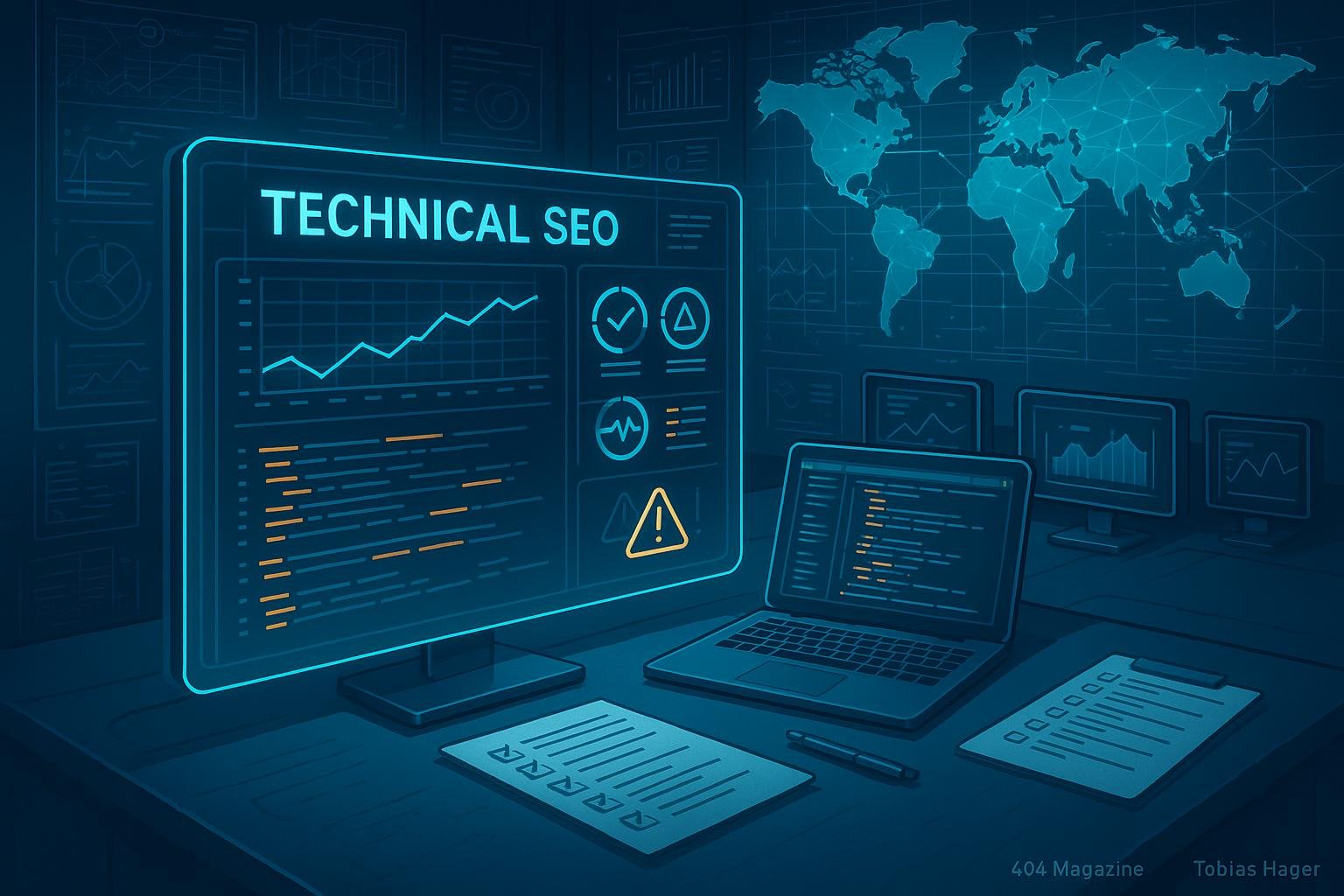 Moderne Arbeitsumgebung mit transparentem Bildschirm, Monitoren, Notizblättern und Weltkarte, die technische SEO-Daten und globale Überwachung darstellen