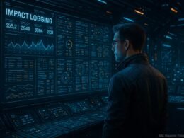 Futuristischer Kontrollraum mit digitaler Wand, LEDs und holographischen Elementen, Entwickler beobachtet Daten