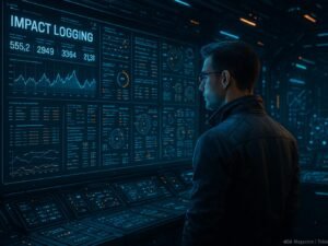 Futuristischer Kontrollraum mit digitaler Wand, LEDs und holographischen Elementen, Entwickler beobachtet Daten
