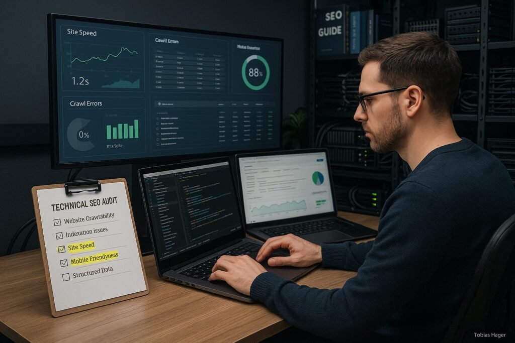 Webentwickler bei technischer SEO-Überprüfung mit mehreren Monitoren, Checkliste und Diagrammen auf großem Bildschirm, im Hintergrund Regale mit SEO-Guides und Serverhardware