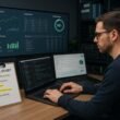 Webentwickler bei technischer SEO-Überprüfung mit mehreren Monitoren, Checkliste und Diagrammen auf großem Bildschirm, im Hintergrund Regale mit SEO-Guides und Serverhardware