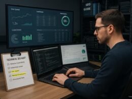 Webentwickler bei technischer SEO-Überprüfung mit mehreren Monitoren, Checkliste und Diagrammen auf großem Bildschirm, im Hintergrund Regale mit SEO-Guides und Serverhardware