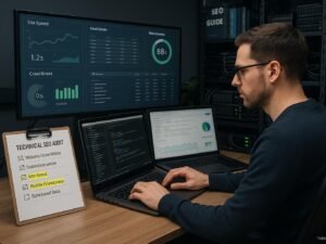 Webentwickler bei technischer SEO-Überprüfung mit mehreren Monitoren, Checkliste und Diagrammen auf großem Bildschirm, im Hintergrund Regale mit SEO-Guides und Serverhardware