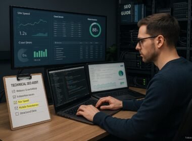 Webentwickler bei technischer SEO-Überprüfung mit mehreren Monitoren, Checkliste und Diagrammen auf großem Bildschirm, im Hintergrund Regale mit SEO-Guides und Serverhardware