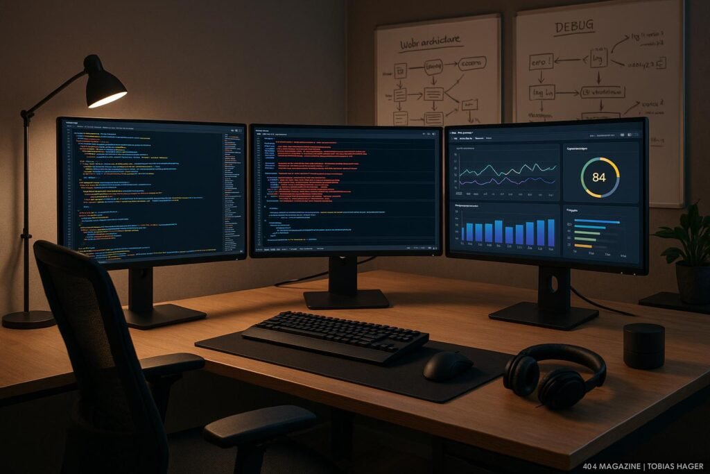 Hochmodernes Arbeitszimmer eines SEO-Experten mit großen Monitoren, Whiteboards und technischem Equipment, fokussiert auf digitales Chaos und kreative Technik.