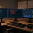 Hochmodernes Arbeitszimmer eines SEO-Experten mit großen Monitoren, Whiteboards und technischem Equipment, fokussiert auf digitales Chaos und kreative Technik.