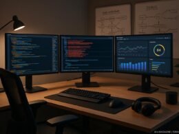 Hochmodernes Arbeitszimmer eines SEO-Experten mit großen Monitoren, Whiteboards und technischem Equipment, fokussiert auf digitales Chaos und kreative Technik.