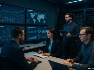 Moderner Kontrollraum mit IT-Experten, großen Monitoren und Servern im Hintergrund, die Netzwerk- und Performance-Daten anzeigen