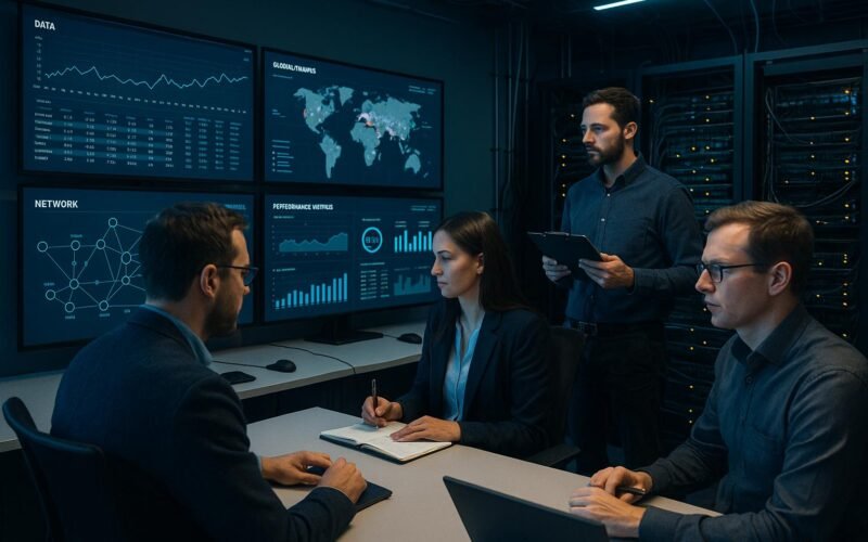 Moderner Kontrollraum mit IT-Experten, großen Monitoren und Servern im Hintergrund, die Netzwerk- und Performance-Daten anzeigen