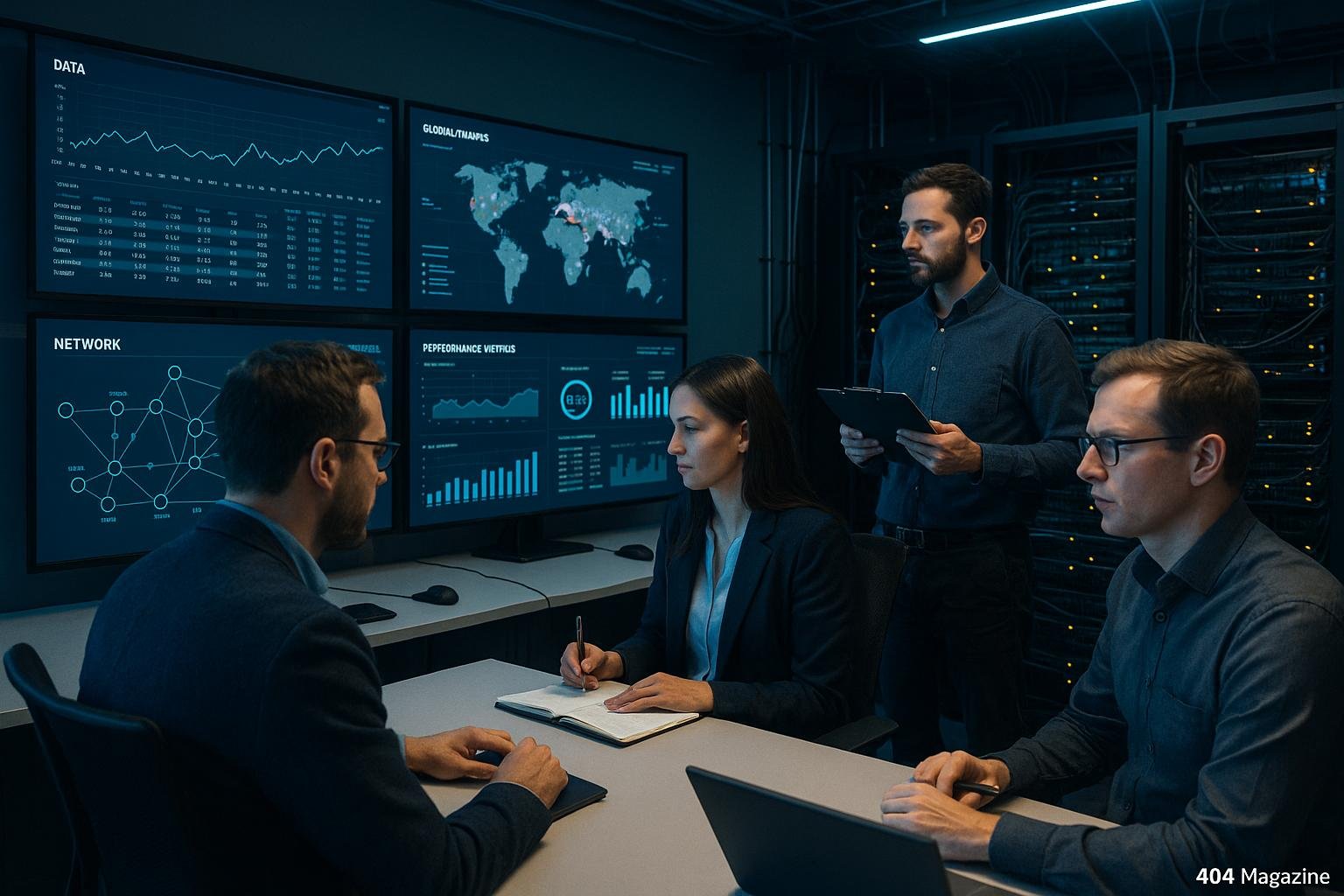 Moderner Kontrollraum mit IT-Experten, großen Monitoren und Servern im Hintergrund, die Netzwerk- und Performance-Daten anzeigen