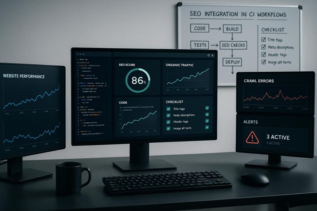 Moderner Entwicklerarbeitsplatz mit mehreren digitalen Bildschirmen, die Webseitenleistung, Crawl-Analysen und Echtzeit-Benachrichtigungen darstellen, mit Whiteboard im Hintergrund.