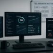 Moderner Entwicklerarbeitsplatz mit mehreren digitalen Bildschirmen, die Webseitenleistung, Crawl-Analysen und Echtzeit-Benachrichtigungen darstellen, mit Whiteboard im Hintergrund.