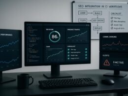 Moderner Entwicklerarbeitsplatz mit mehreren digitalen Bildschirmen, die Webseitenleistung, Crawl-Analysen und Echtzeit-Benachrichtigungen darstellen, mit Whiteboard im Hintergrund.