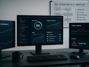 Moderner Entwicklerarbeitsplatz mit mehreren digitalen Bildschirmen, die Webseitenleistung, Crawl-Analysen und Echtzeit-Benachrichtigungen darstellen, mit Whiteboard im Hintergrund.